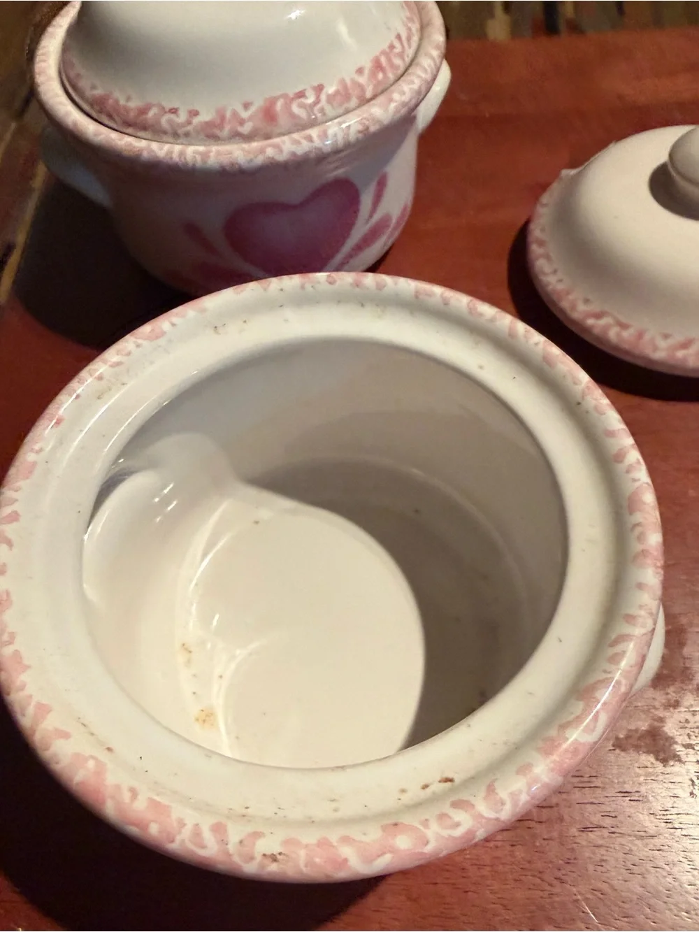 Vintage 5'' Crocks With Lids Pink Country Heart Design Set Of 2